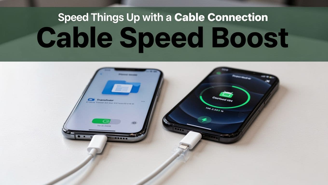 Close-up of Android phone connected to iPhone via USB-C Lightning cable on table, screens show file transfer mode and progress, with bold headline 'Cable Speed Boost' on muted dark-green top band.