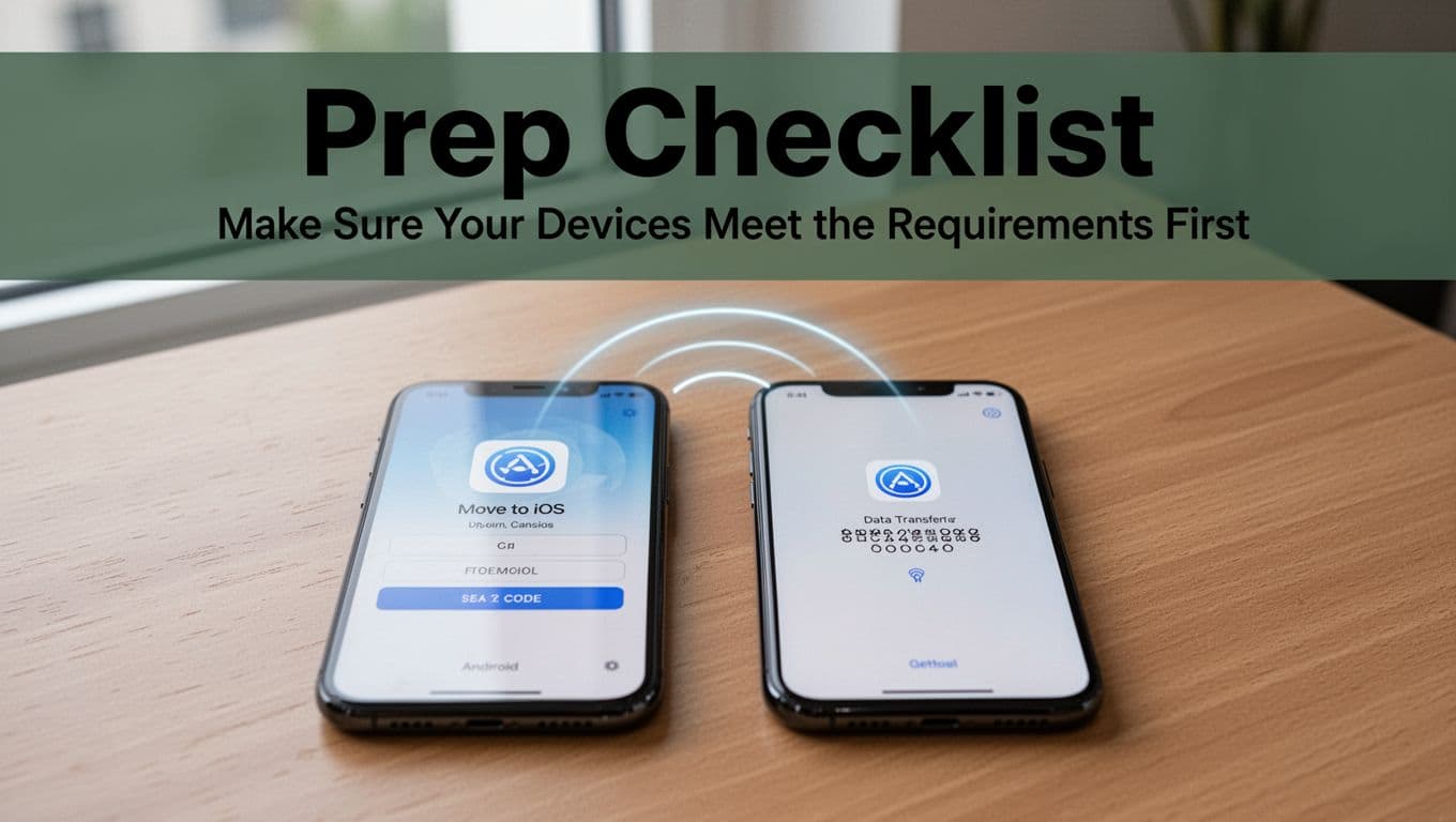 Two smartphones side by side on a wooden table: left Android with Move to iOS app open showing code entry, right new iPhone setup screen displaying data transfer code, subtle glowing wireless connection arc between them, natural daylight lighting, bold 'Prep Checklist' headline band at top.