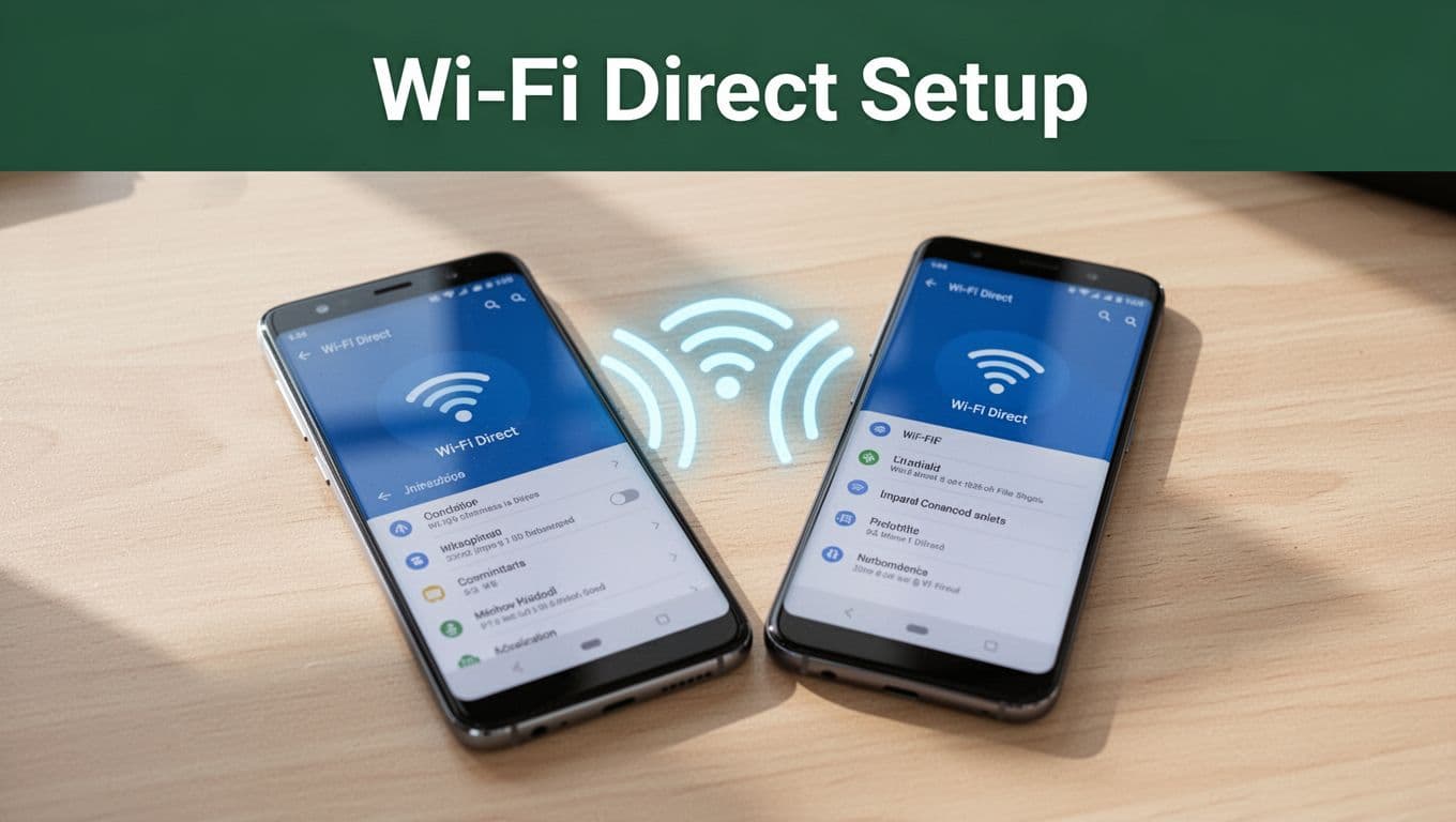Two modern Android smartphones on a light wooden desk with screens displaying Wi-Fi Direct menu, connected by glowing wireless waves, in a clean photo-realistic style with natural daylight lighting.