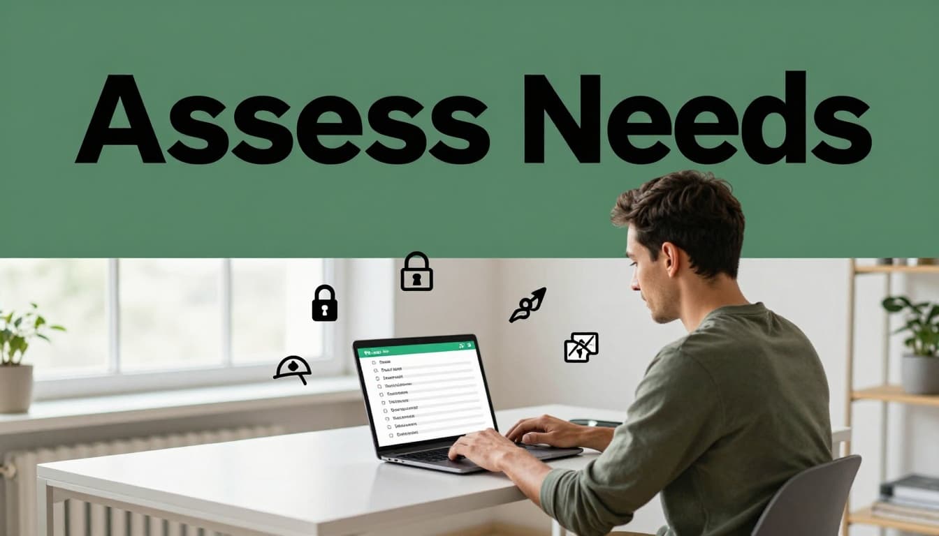 A professional sits at a modern desk in a bright home office, reviewing a checklist on a laptop screen displaying icons for data size, security, speed, budget, and distance.