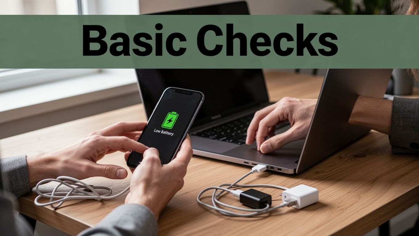 Close-up of hands in a modern home office checking low battery warning on smartphone while restarting laptop by holding power button on simple wooden desk with tangled USB cable and adapter, soft natural lighting, high detail realistic photo with bold 'Basic Checks' headline in dark-green band.