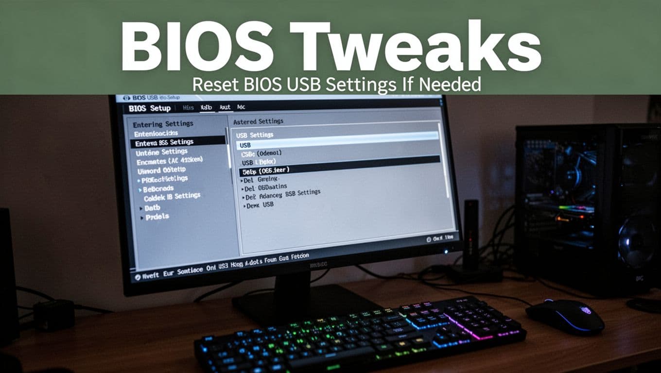 Bold 'BIOS Tweaks' headline over realistic desktop PC boot screen entering BIOS setup with visible USB settings menu, highlighted Del key on keyboard in dim room.