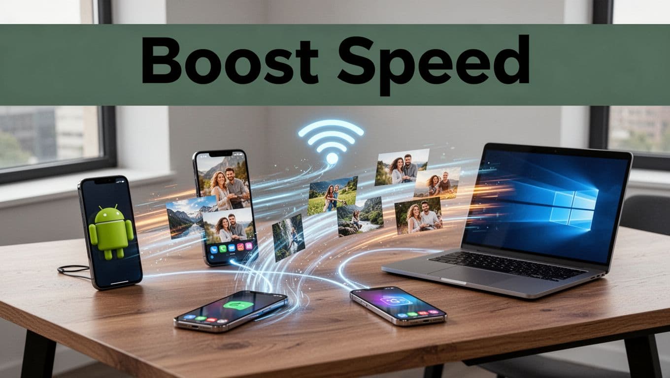 Multiple Android phones, an iPhone, and a Windows laptop on a modern wooden desk, connected by glowing Wi-Fi lines showing fast file transfer of videos and photos with speed blur effects, in a high-detail realistic style with a 'Boost Speed' headline banner.