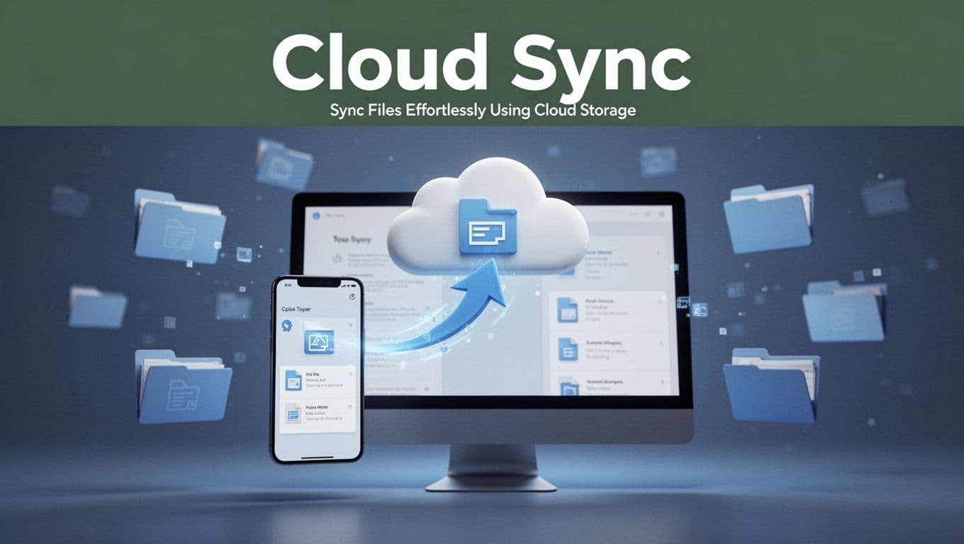 Abstract illustration of cloud icons syncing files from a phone to a computer screen in a digital environment with floating folders and soft blue glow lighting. Bold 'Cloud Sync' headline in Montserrat font on a muted dark-green top band.