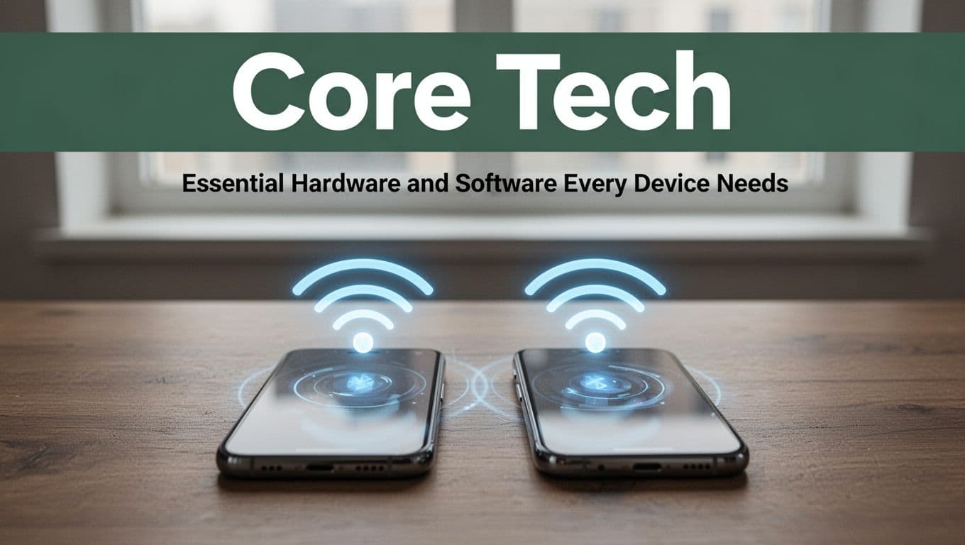 Two modern smartphones on a wooden desk exchange glowing wireless signals symbolizing Bluetooth and Wi-Fi connectivity, topped with a bold dark-green header band featuring 'Core Tech' in high-contrast typography.