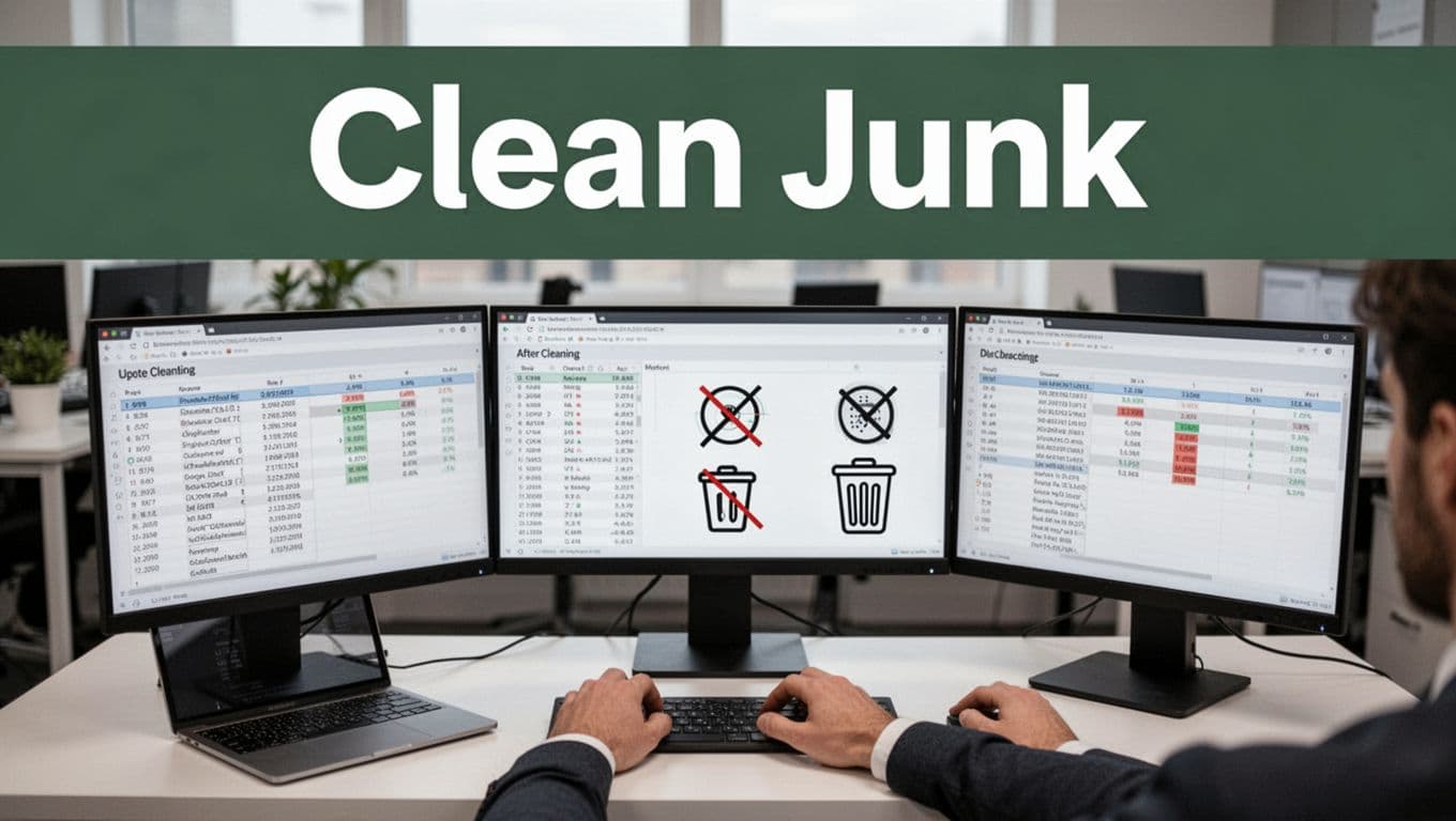 A focused data analyst in a modern office sits at a desk with dual monitors displaying data tables before and after cleaning, icons of crossed-out duplicates and a trash bin, hands resting on keyboard, under a bold 'Clean Junk' headline in a dark-green band at the top.