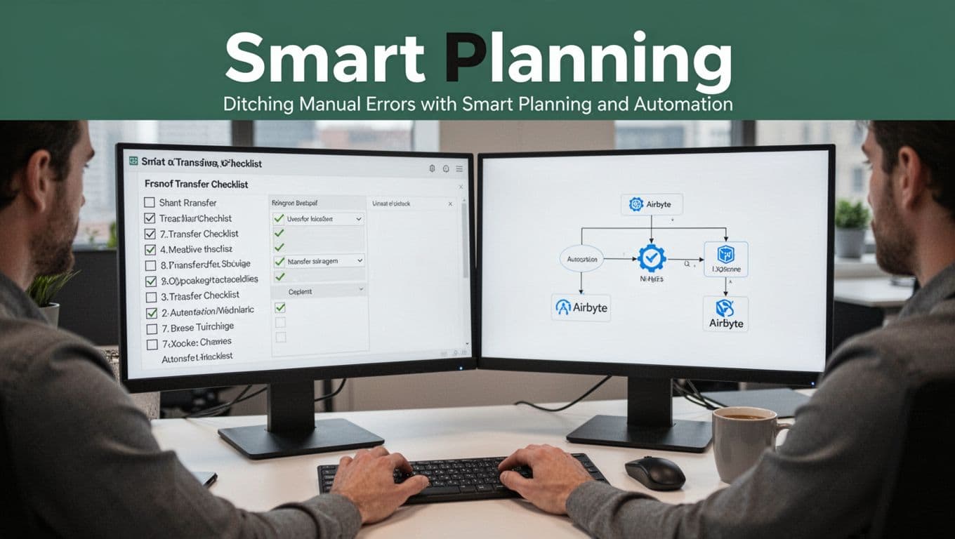 Data engineer at modern office desk with dual monitors showing transfer checklist on left and automation pipeline flowchart on right, coffee mug nearby, 'Smart Planning' headline in bold font on dark-green top band.