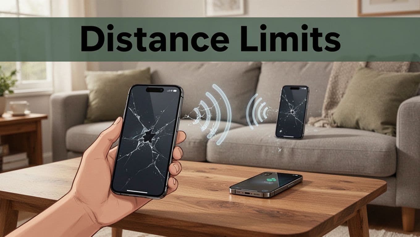 Two modern smartphones in a cozy living room, one held nearby and the other distant on a couch, connected by faint broken signal waves indicating failed wireless transfer. Bold 'Distance Limits' headline in a muted dark-green band at the top, clean editorial illustration style.