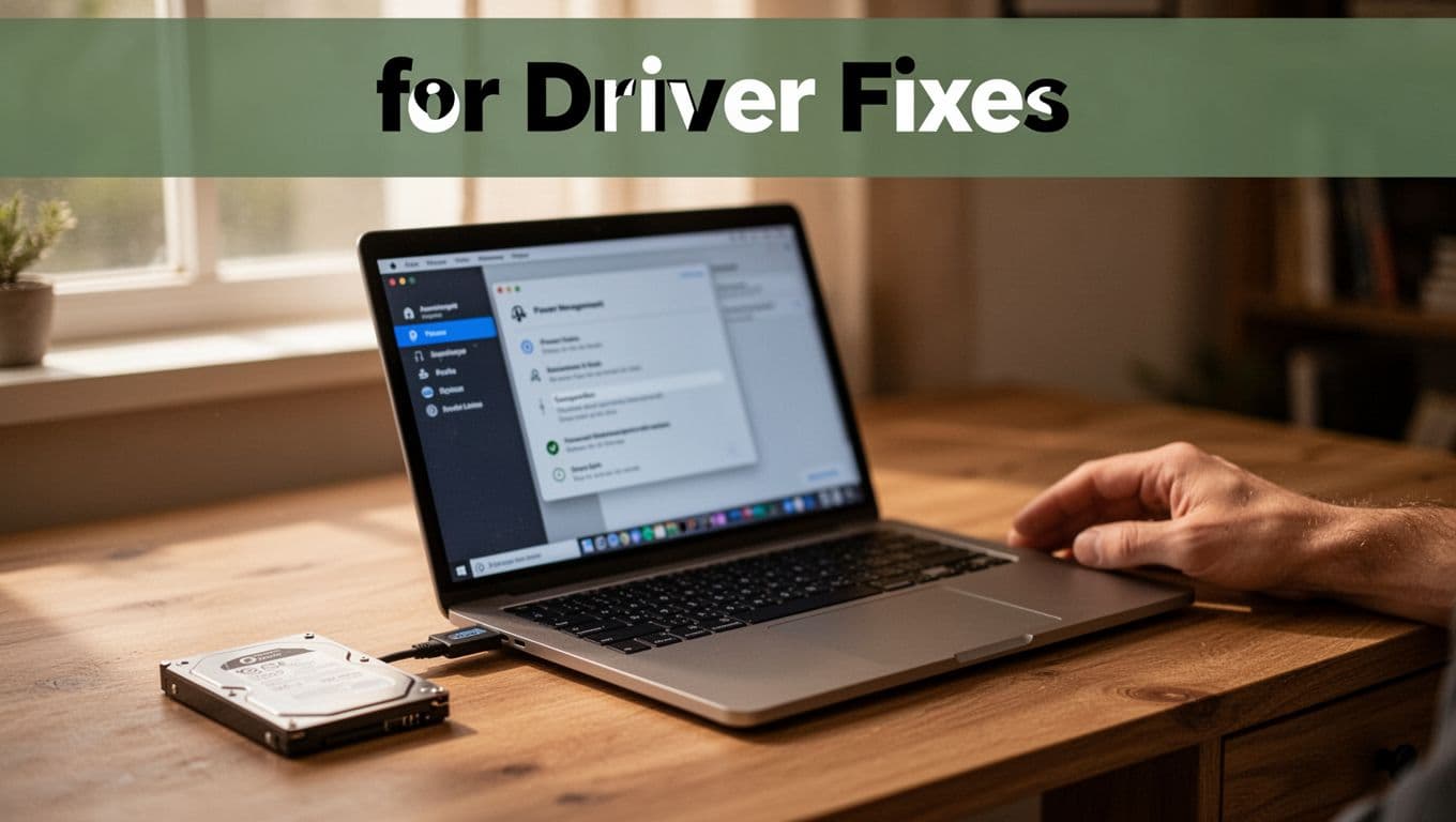 Bold 'Driver Fixes' headline in Title Case on a dark-green band at the top, above a realistic photo of a laptop on a wooden desk connected to an external USB hard drive, with blurred power management settings on the screen, a relaxed hand nearby in a cozy home office.