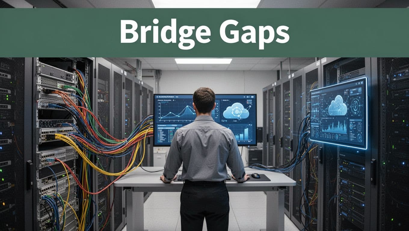An engineer connects legacy servers to modern cloud servers in a data center, representing bridging compatibility gaps between systems.