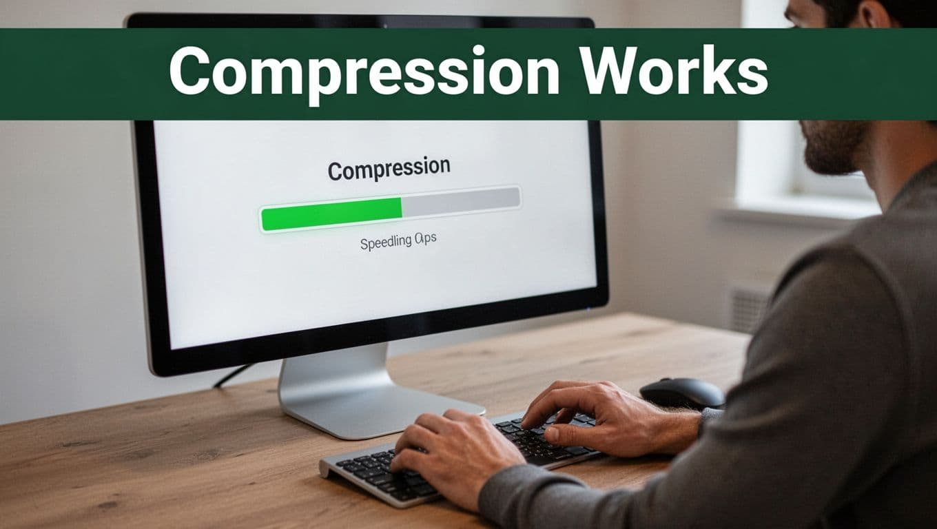 A single person at a desk with hands relaxed on the keyboard, computer screen showing a progress bar accelerating during file transfer after compression in a simple office setting. Muted dark-green top band with bold 'Compression Works' headline, realistic style with soft natural lighting.