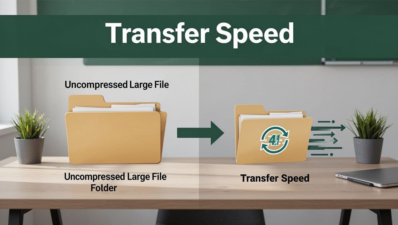 Side-by-side illustrative icons of a large uncompressed file folder and a small compressed file folder with speed arrows, on a clean desk background, highlighting faster transfer speeds under a 'Transfer Speed' headline band.