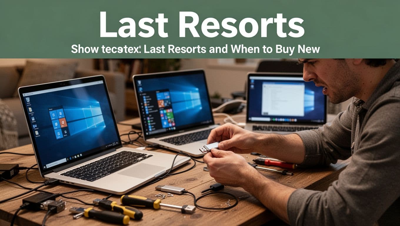 Bold 'Last Resorts' headline in Title Case on a dark-green band atop a realistic image of a frustrated person testing a USB drive on Windows and Mac laptops in a cluttered cozy home office with natural lighting.