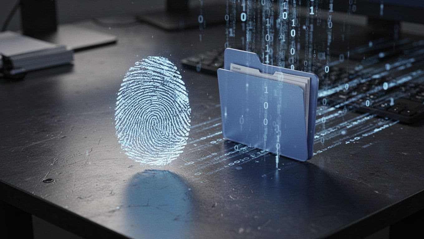 Glowing blue digital fingerprint next to a realistic computer file icon and binary code stream on a dark metallic desk surface, close-up photorealistic composition with dramatic side lighting and soft shadows.
