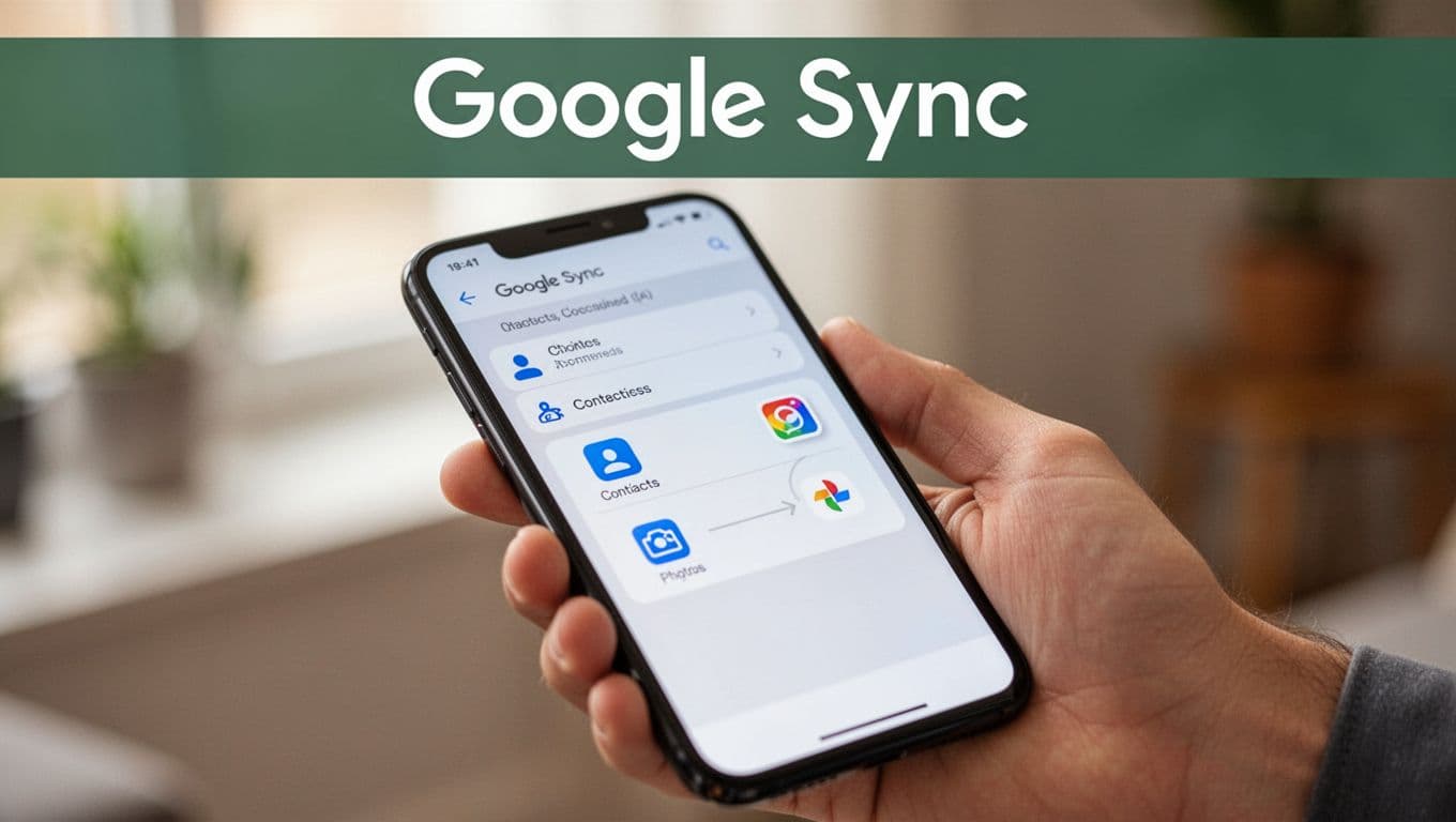 Photorealistic image of a hand holding a smartphone at an angle, displaying Google account sync settings with contacts and photos icons syncing, blurred background, natural indoor light, and bold 'Google Sync' headline on muted dark-green band.