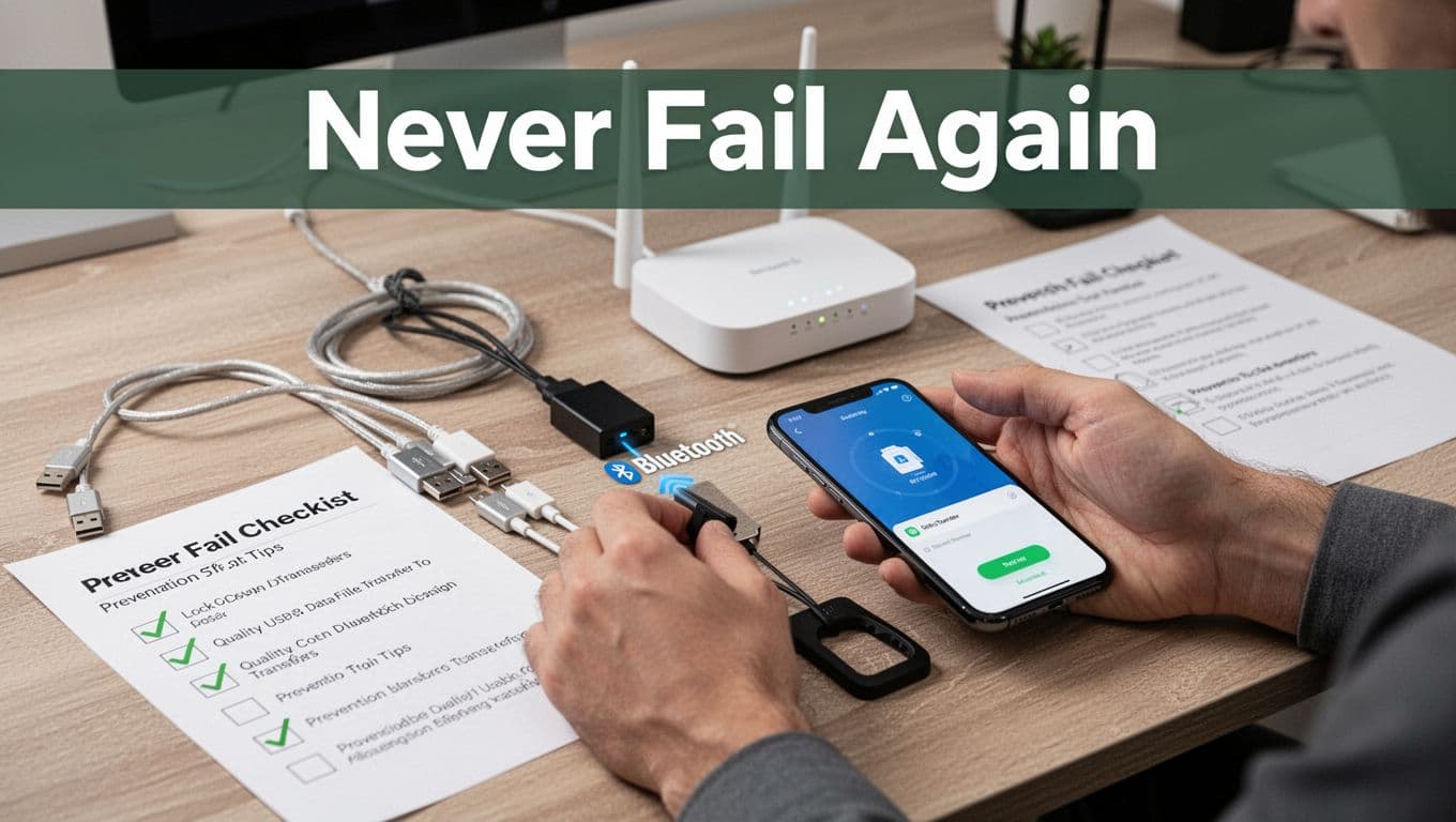 Close-up of hands at a modern desk arranging USB cables, Bluetooth adapter, WiFi router, and smartphone with file transfer app, beside a checklist of prevention tips. Bold 'Never Fail Again' headline spans the top in high-contrast dark-green band.