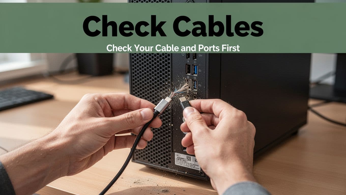 Bold 'Check Cables' headline in white on a dark green band at the top, with a realistic photo below showing two hands inspecting a frayed USB-C cable and cleaning dust from USB ports on a desktop computer tower in an office setting.