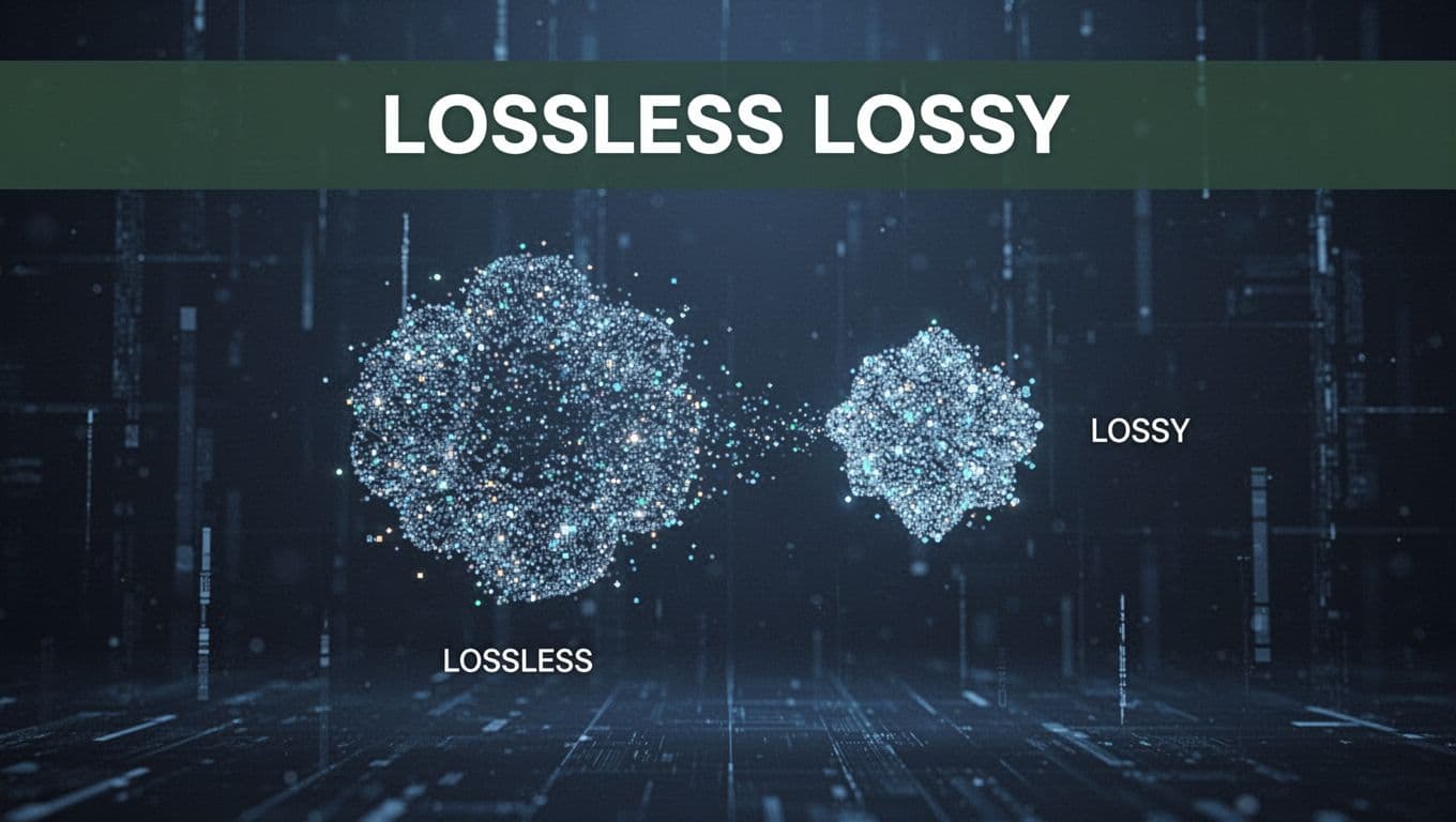Abstract infographic showing data bits shrinking from a large cloud of points to compact clusters, separating lossless and lossy compression types on a blue-toned digital background with a 'Lossless Lossy' headline band.