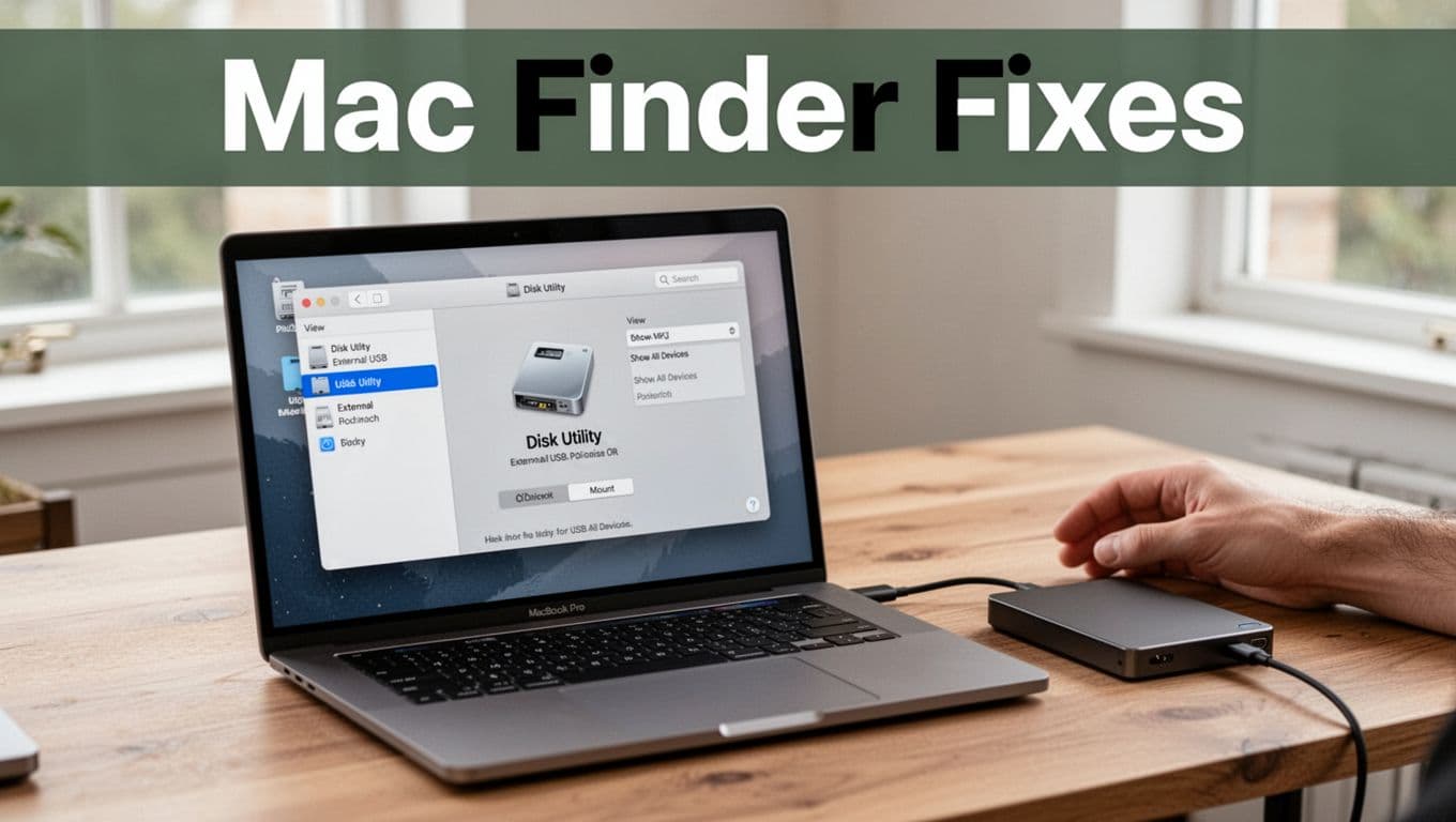 Realistic photo of a silver MacBook Pro screen showing Disk Utility with an external USB drive selected, View set to Show All Devices, and Mount button visible, alongside the connected black USB-C hard drive on a wooden desk in a bright home office.