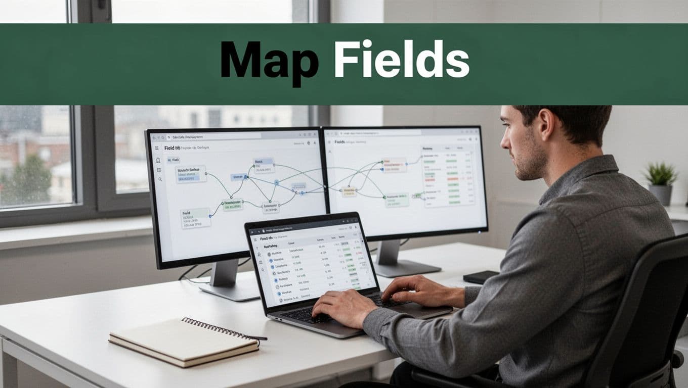Data analyst seated at a modern office desk working on a laptop with dual screens displaying abstract data tables and field mapping lines, under a bold dark-green header band with 'Map Fields' text.