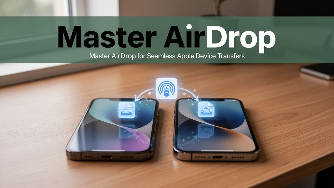 Two modern iPhones side by side on a clean wooden desk with AirDrop sharing animation showing glowing file icons transferring between screens, under soft natural light, featuring a bold 'Master AirDrop' headline on a dark-green band at the top.