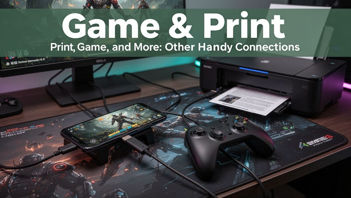 Phone connected to game controller and printer via OTG cables on a dynamic gaming desk, implying gaming and printing action with energetic lighting. Bold 'Game & Print' headline in Title Case geometric sans-serif on muted dark-green top band.