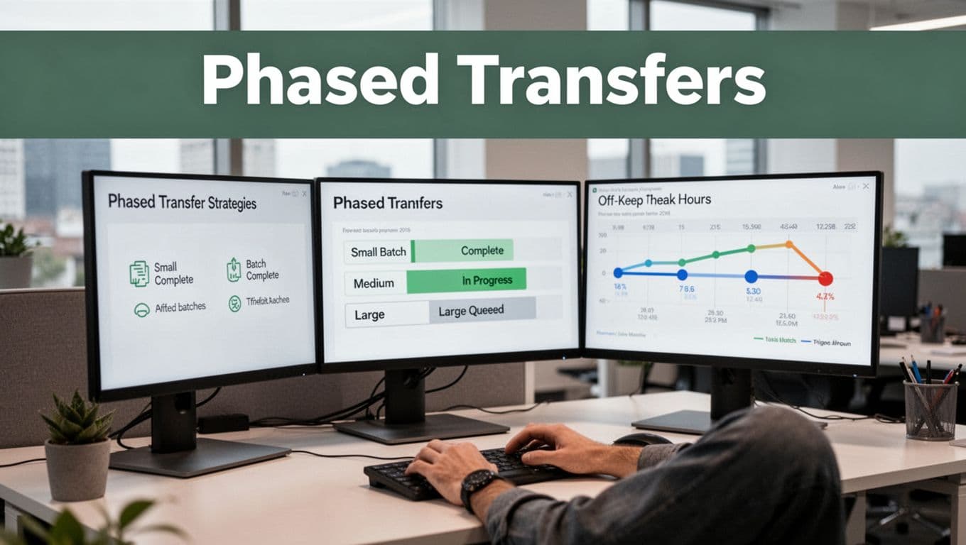 A data engineer in a modern office works at a desk with dual monitors displaying phased data transfer progress: small batch complete, medium in progress, large queued, and an off-peak timeline graphic. Bold branded 'Phased Transfers' headline in a muted dark-green band at the top.