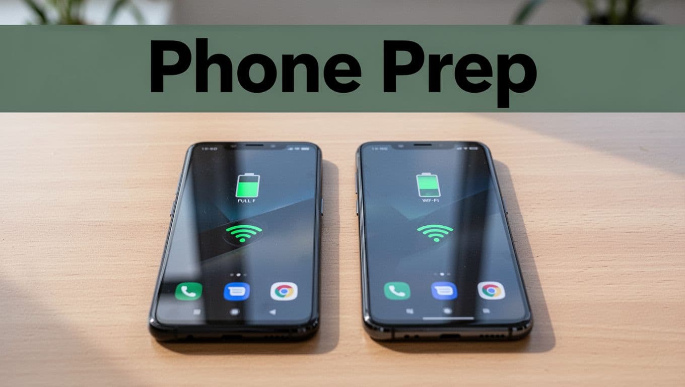 Two modern Android smartphones side by side on a clean wooden desk, displaying full battery and Wi-Fi icons, with a bold 'Phone Prep' headline in a dark-green band at the top.