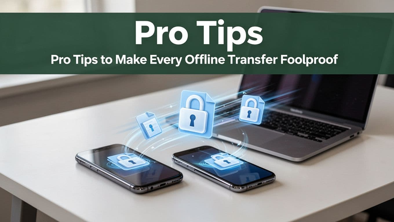 Phones and a laptop on a desk showing secure file transfer with padlocks and fast transfer lines in a bold editorial style.