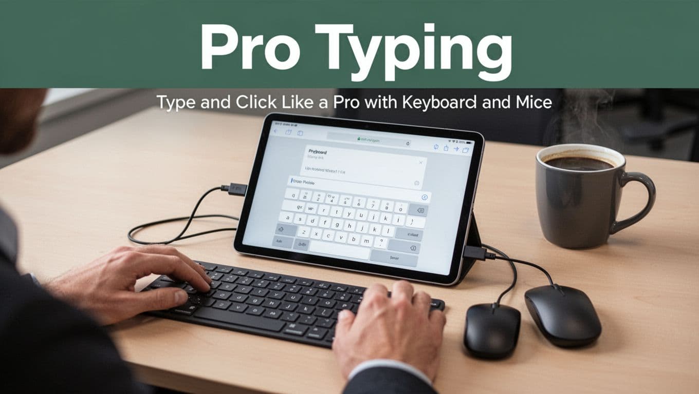Tablet with USB keyboard and mouse connected via OTG, screen showing typing interface on a desk setup with coffee mug nearby under soft office lighting. Bold branded editorial style featuring 'Pro Typing' headline in Title Case bold geometric sans-serif on muted dark-green top band.
