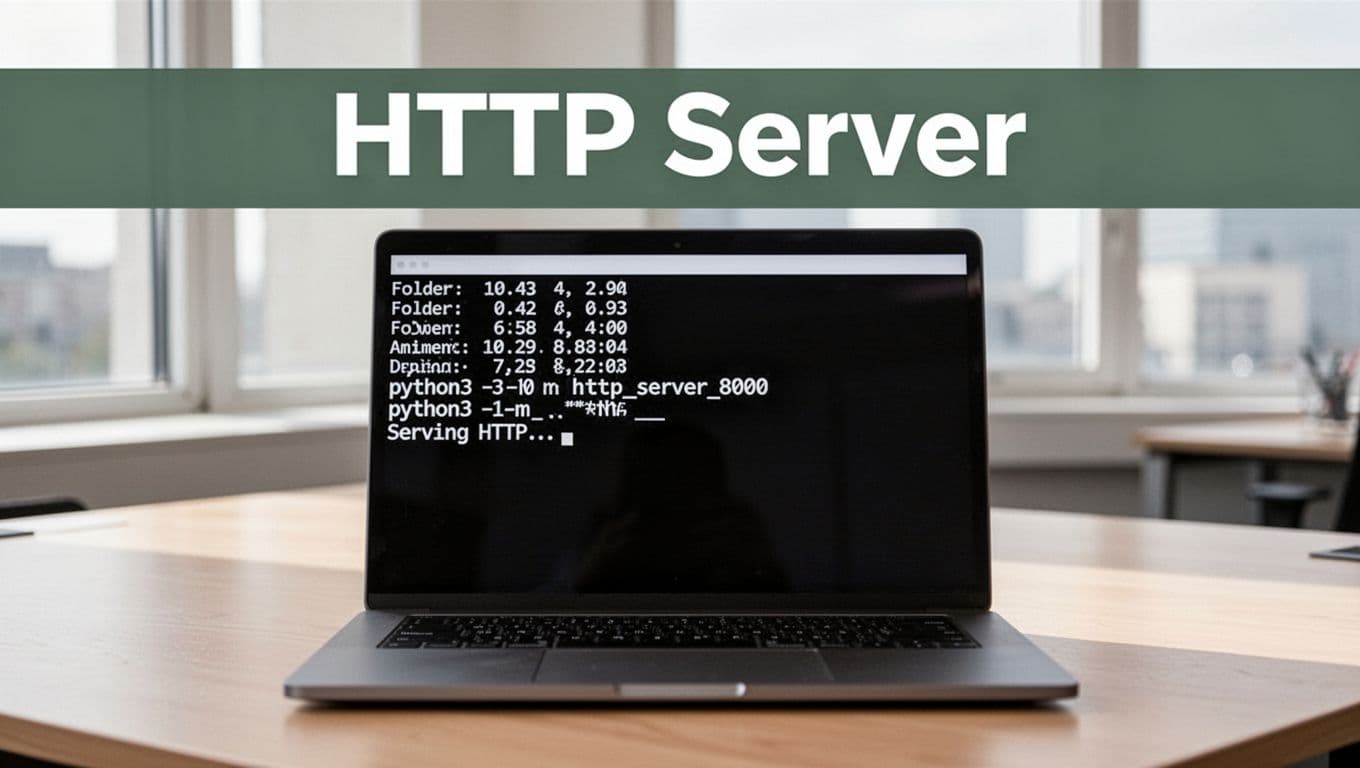 Laptop screen displaying black terminal with command 'python3 -m http.server 8000' and serving output, on wooden desk in bright office, featuring dark-green top band with 'HTTP Server' headline.