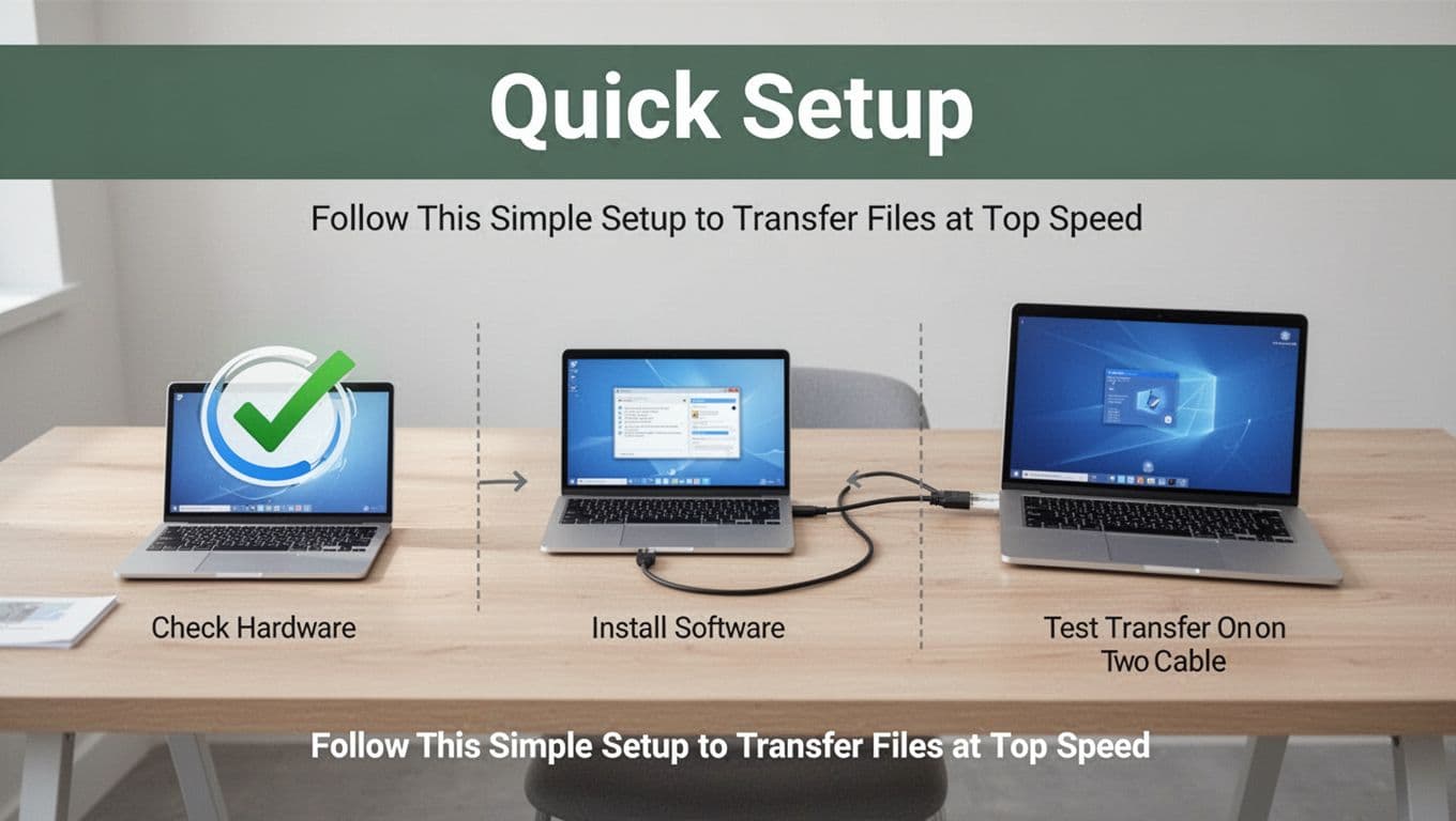 Step-by-step infographic icons depicting hardware check, software installation, and transfer test on two laptops connected by cable, arranged left-to-right on a desk in clean modern style with soft lighting and 'Quick Setup' headline on muted dark-green band.