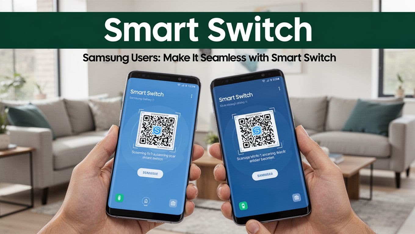Two Samsung Galaxy phones using the Smart Switch app for data transfer, with one scanning a QR code from the other; close-up on screens in proximity, modern living room setting with bright light. Bold branded editorial style featuring 'Smart Switch' headline in title case on dark-green band at top.