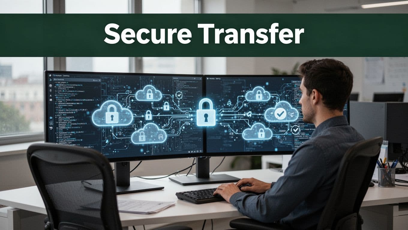 Data security specialist in modern office at workstation showing secure data streams, padlock icons, and encryption flows.