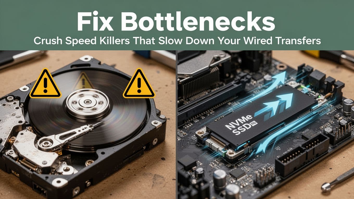 Split-scene photorealistic comparison on a workbench: left side shows an old HDD with slow spinning disk and warning icons, right side features a fast NVMe SSD on motherboard with speed arrows.