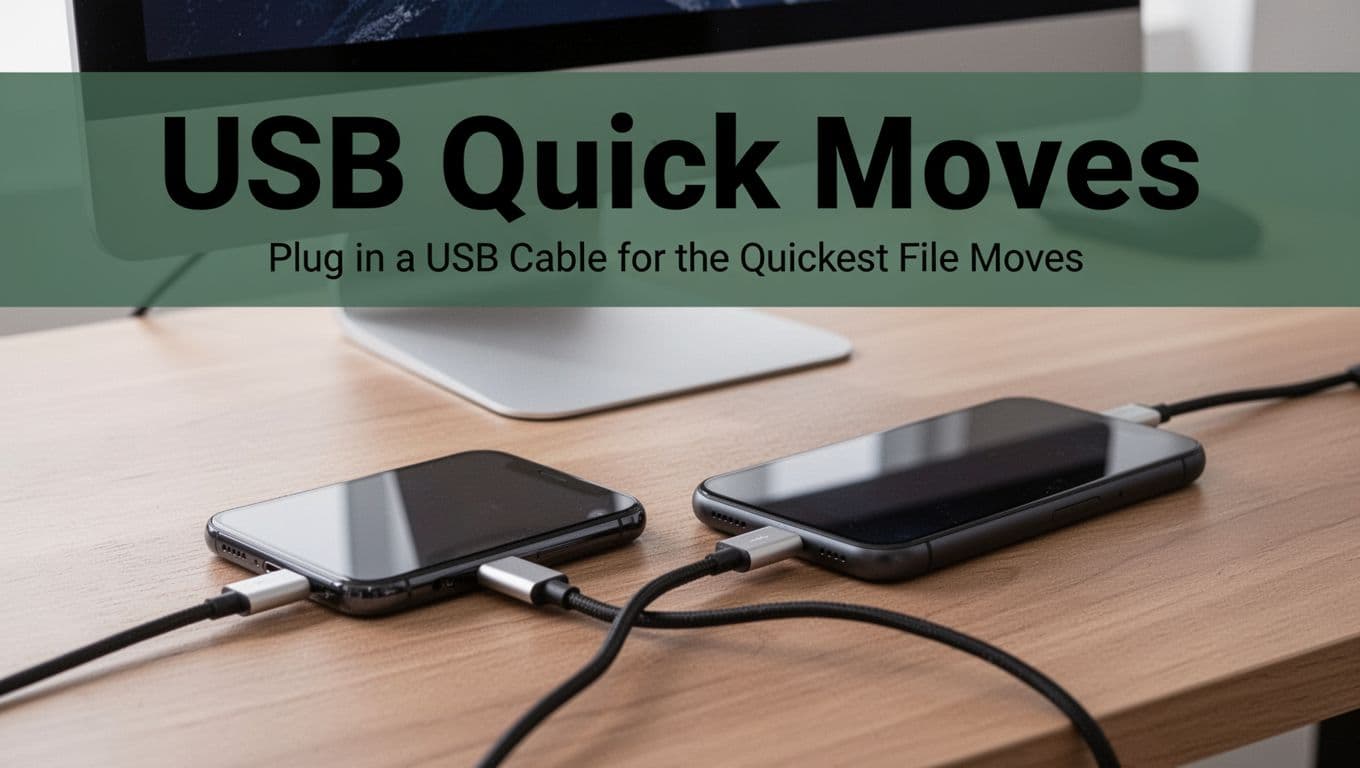 Close-up of a smartphone connected to a desktop computer via USB cable on a wooden desk with natural lighting and bold 'USB Quick Moves' headline.