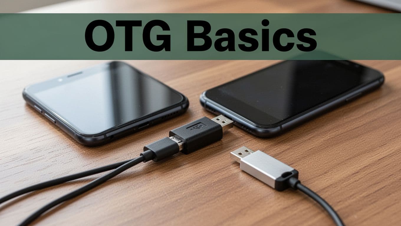 Close-up of a smartphone connected to a USB flash drive via OTG adapter on a wooden desk under natural daylight, with bold 'OTG Basics' headline on a dark-green band at the top.