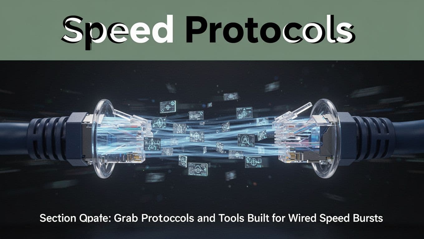 Abstract digital illustration of glowing blue data packets racing through a wired Ethernet cable between network cards in a dark fiber optic tube, with dynamic motion blur and dramatic backlighting. Bold branded editorial style features 'Speed Protocols' headline on a muted dark-green top band.