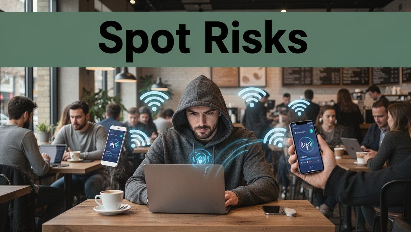 A hacker at a laptop in a crowded coffee shop eavesdrops on a nearby user's phone data transfer via public WiFi symbols, under a bold 'Spot Risks' headline on a dark-green band.