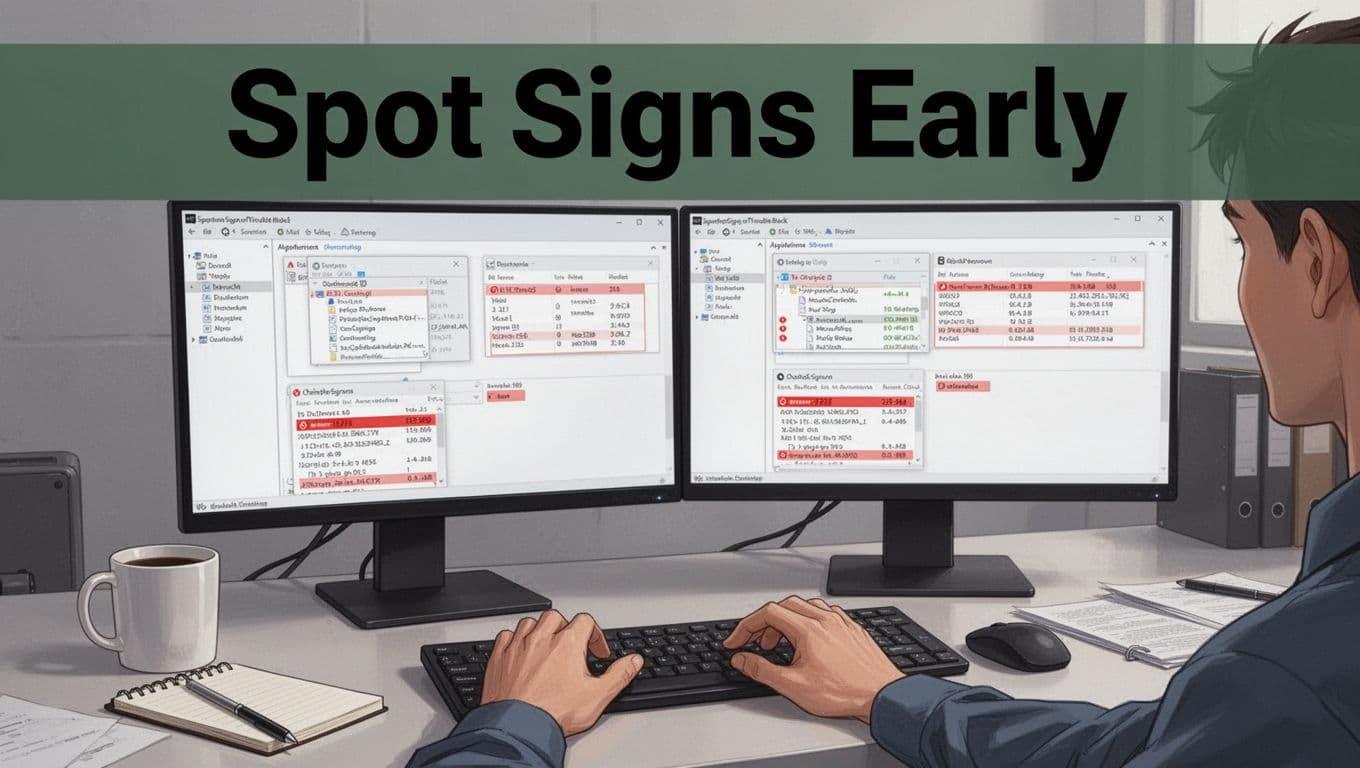 A technician spots data discrepancies on dual monitors displaying file previews and checksum comparisons with red error highlights in a modern office setting.