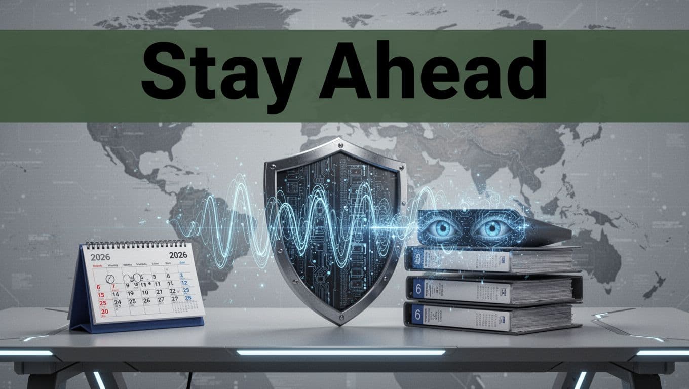 A bold 'Stay Ahead' headline on a dark-green band tops an illustration of a shield blocking quantum waves and AI eyes from data files on a futuristic desk with a 2026 calendar and subtle global map background.