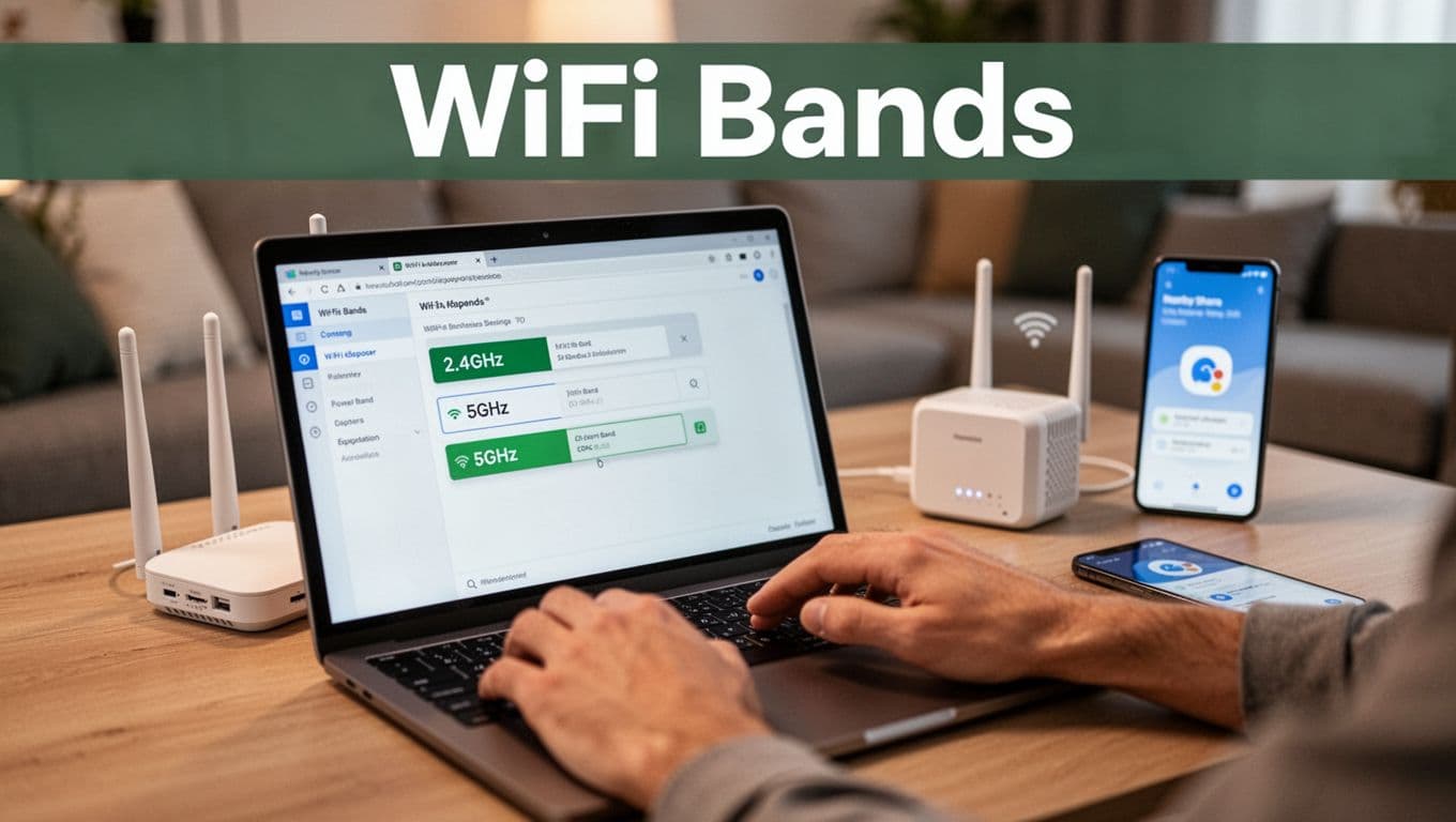 Close-up of hands at a home desk adjusting WiFi router settings on a laptop screen, selecting the 5GHz band option, with a WiFi extender and phone in the blurred background in a modern living room. Bold 'WiFi Bands' headline in a muted dark-green band at the top.