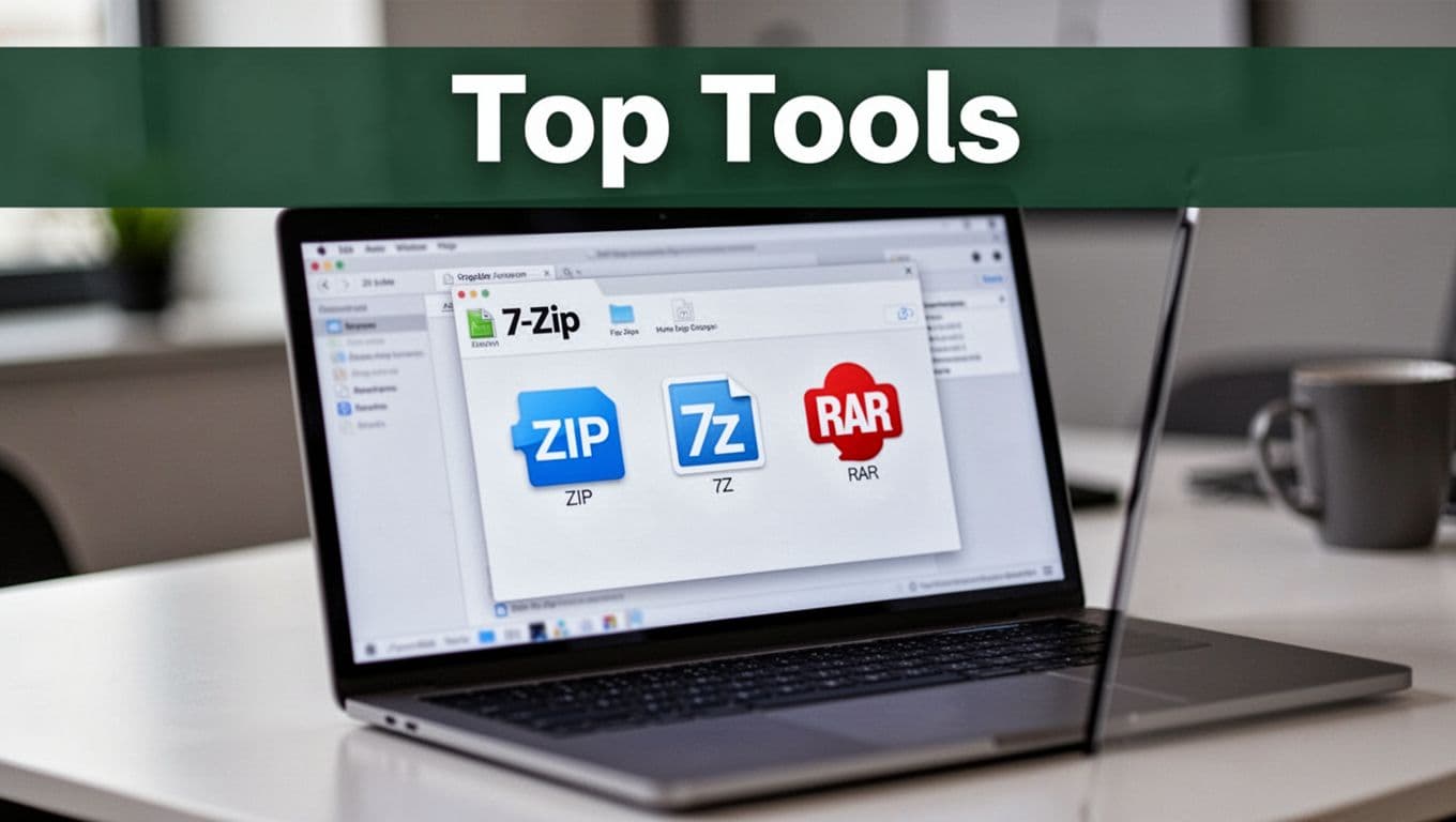 Photorealistic angled view of a laptop screen showing 7-Zip compression software interface with ZIP, 7Z, and RAR file icons in a modern workspace, featuring a muted dark-green top band with bold 'Top Tools' headline.