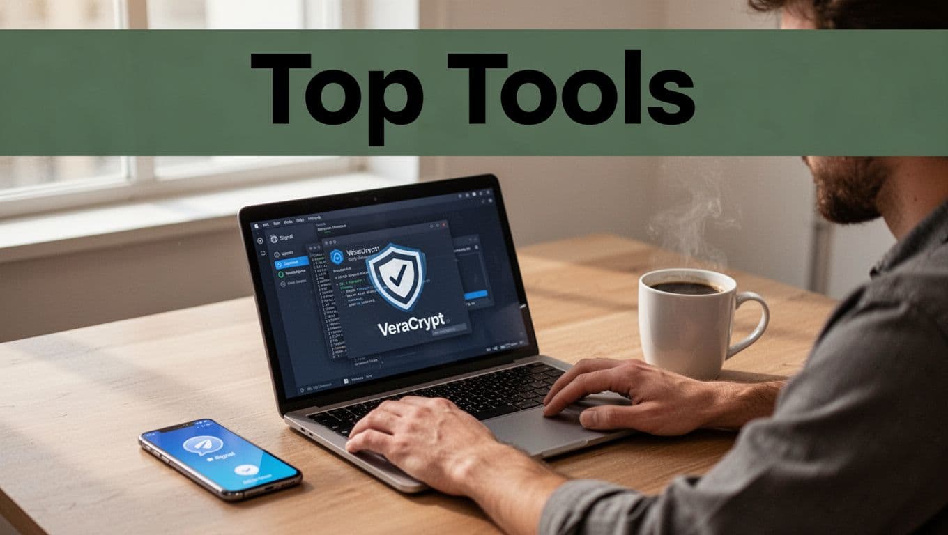 A bold 'Top Tools' headline in Montserrat Black font on a muted dark-green band at the top, with a person relaxed at a desk using a laptop showing faint VPN and VeraCrypt icons, Signal app on a nearby phone, coffee mug, and natural daylight.