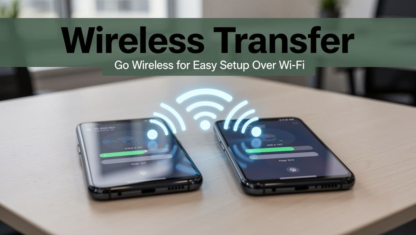 Two Android phones on a table, wirelessly connected with glowing Wi-Fi waves, screens displaying data transfer progress bars under soft office lighting in photorealistic style. Bold 'Wireless Transfer' headline in clean typography on a dark-green band at the top.