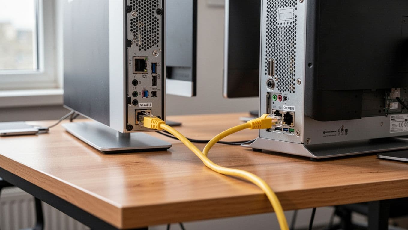 Close-up of two modern desktop computers on a wooden desk connected directly by a single yellow Ethernet cable into their rear ports, soft natural lighting, realistic photo.