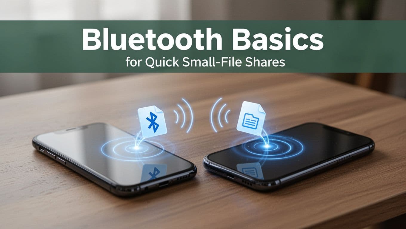 Two smartphones on a table exchanging small file icons via Bluetooth waves with subtle blue glow connections, realistic style under natural indoor lighting.