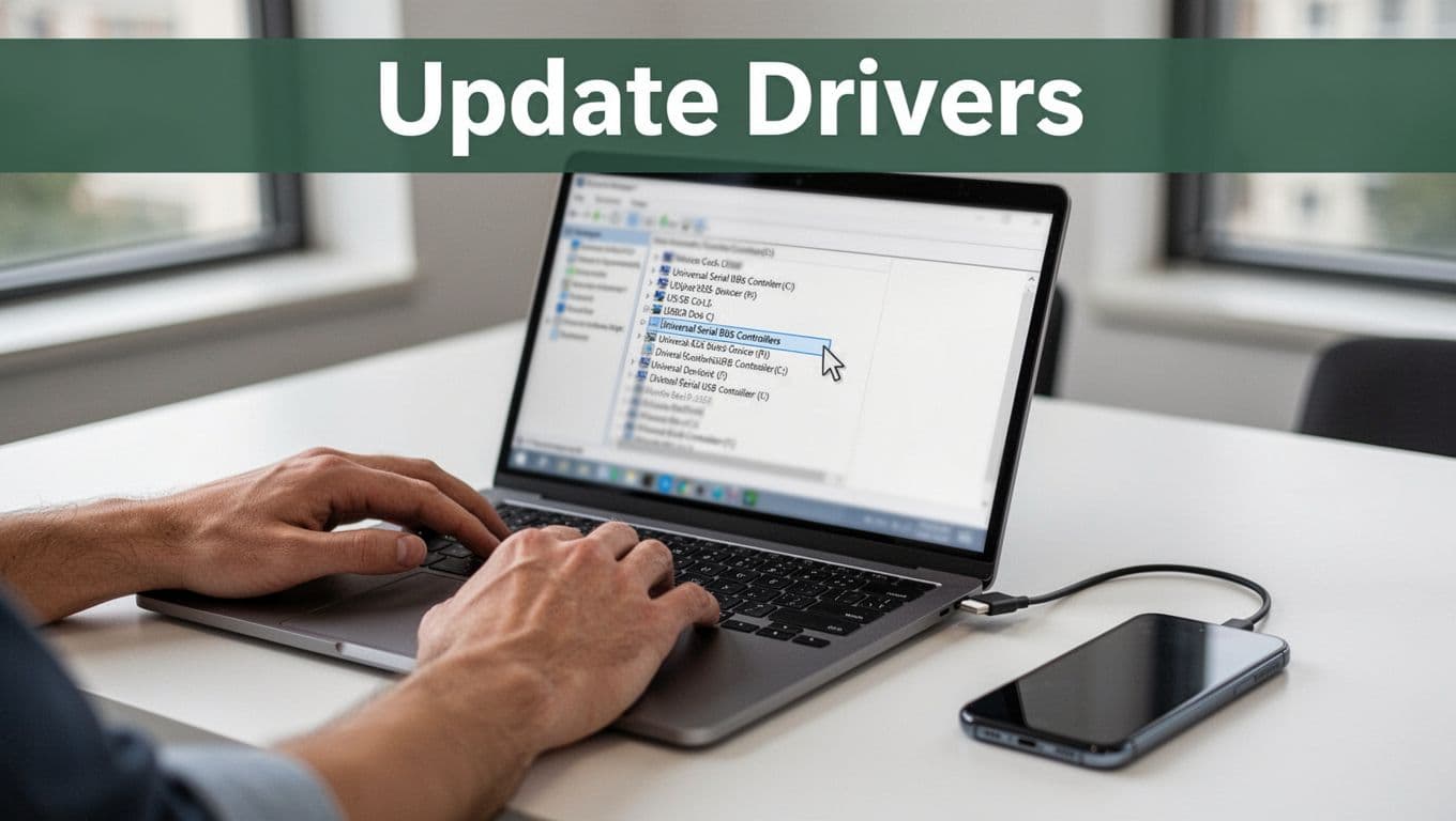 Close-up of one person's hands at a clean modern desk interacting with an open Windows laptop screen showing a blurred Device Manager window with expanded Universal Serial Bus controllers, mouse cursor hovering over a USB device entry ready to update, short USB-C cable connected to a nearby smartphone, soft office lighting.