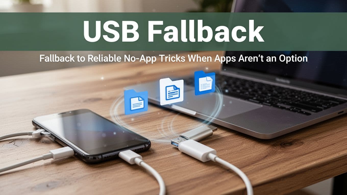 Smartphone plugged into USB flash drive connected to laptop on wooden desk with transferring file icons, soft natural light, realistic photo featuring bold 'USB Fallback' headline in muted dark-green band.