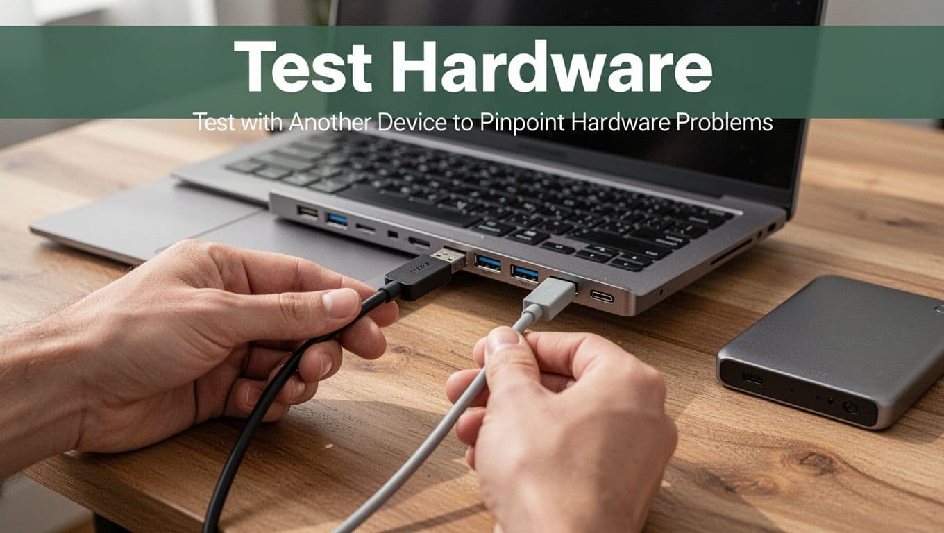 Close-up of hands at a wooden desk unplugging a black USB cable from a laptop USB port while holding a spare gray cable ready to swap, with an external hard drive nearby and multiple USB ports visible.
